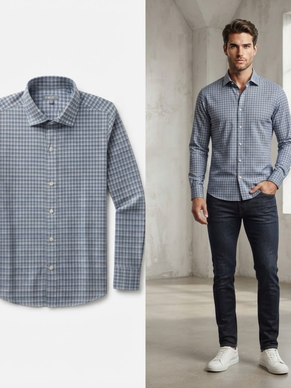 Michael Kors Men's Gray and Blue Checked Dress Shirt Large